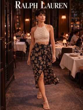 🌸 Silk Black Floral Wrap Midi Skirt with Gold-Tone Floral Print size 16 luxury